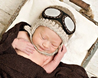 Newborn Hat, Baby Aviator Hat in Taupe and Light Brown, Photo Prop, Baby Hat, Boy Hat, Boy Beanie