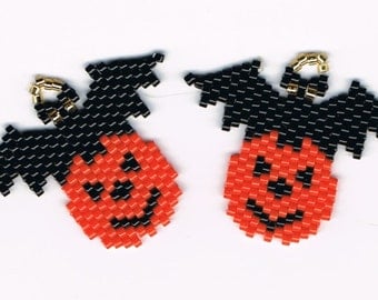 Hand Beaded Jack O Lantern Pumpkin with Black Bat earrings