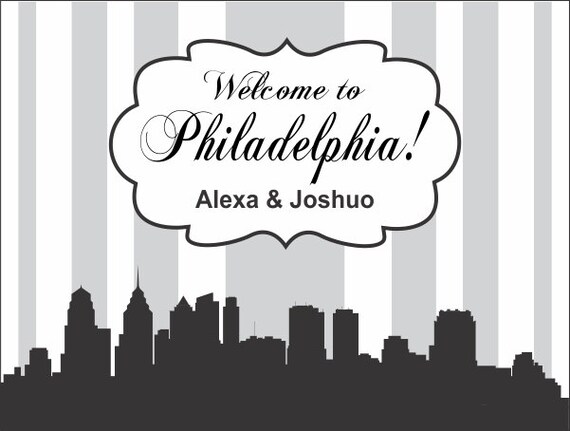 40 4" x 3" City Skyline Welcome Bag/Box Labels - Wedding Stickers Printed with Your Colors Il_570xn