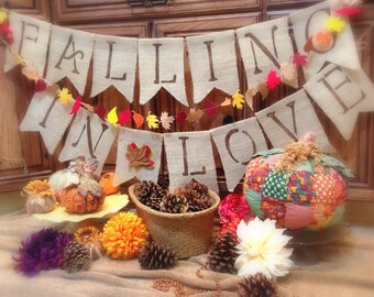 Falling in Love Burlap Banner Rustic Garland Engagement Bridal Shower Monogrammed Personalized Fall Leaf Garland