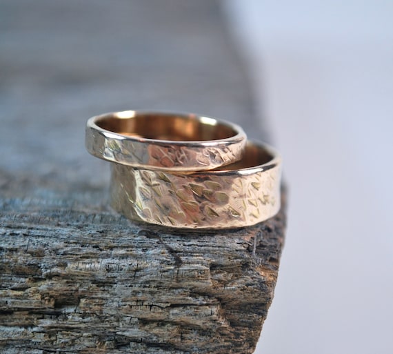 His and Hers Wedding Rings - Gold Wedding Ring Set - 14K Hammered Gold Rings - Wedding Band Set