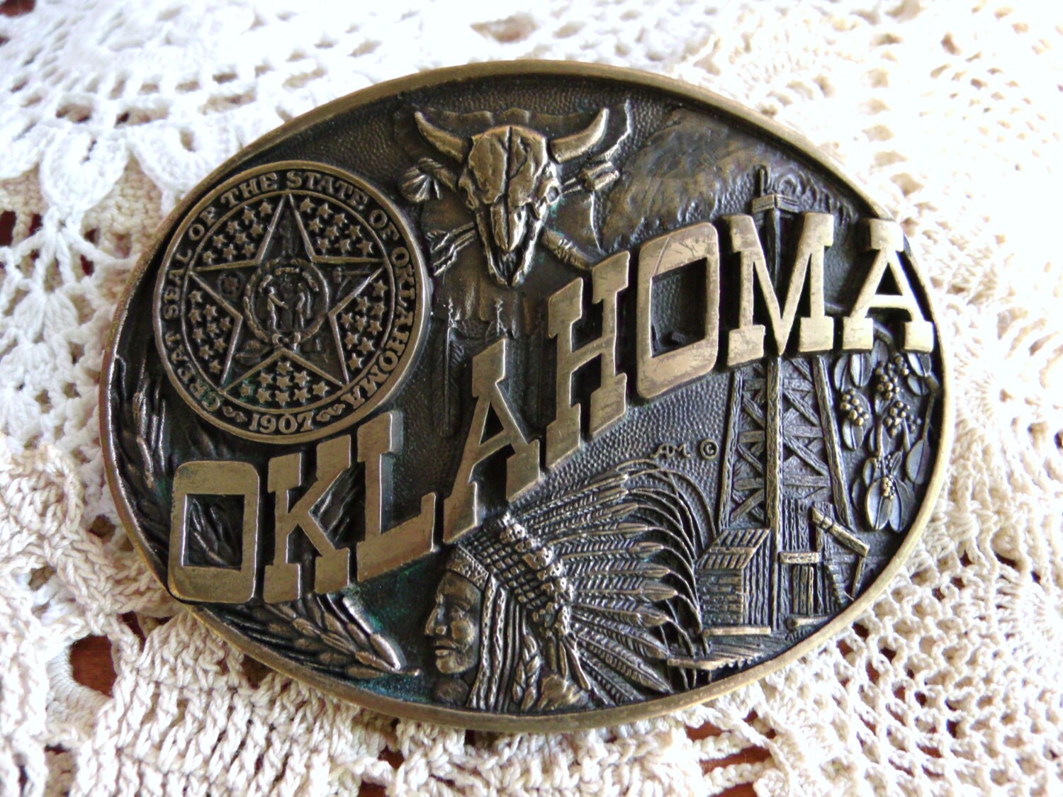 Oklahoma Belt Buckle Great Seal 1907 Solid Brass First