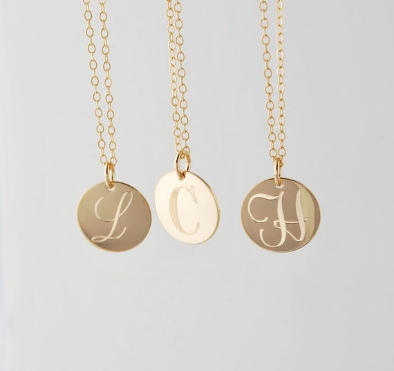 Gold petite monogram necklace • 1/2 inch MONOGRAMMED pendant Necklace • 14k Filled small Initial ...