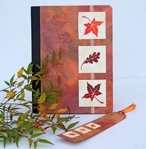 Autumn Leaves Journal with Matching Bookmark, Handmade Notebook in Fall Colors, Altered Composition Book with Lined Pages