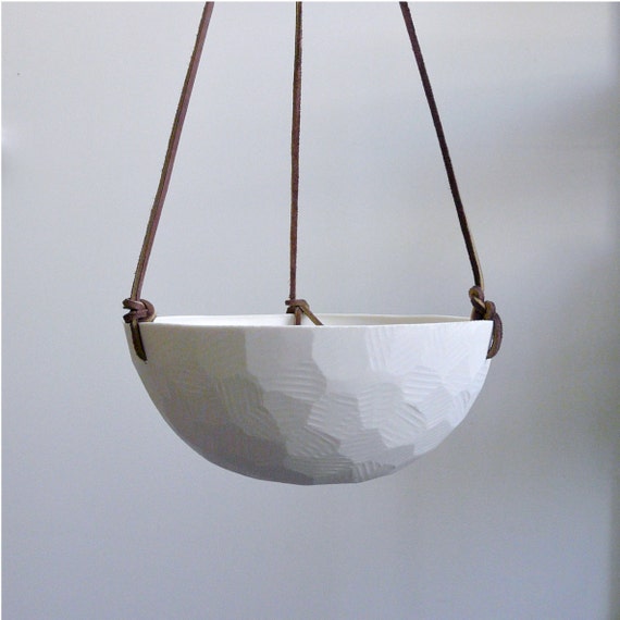 Geometric Hanging Porcelain Planter with Leather Cord Size Large