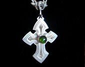Kismet - The Transfixing Cross of The Green Knight - OOAK Handmade Sterling Silver Tourmaline and Garnet Cross of Legend