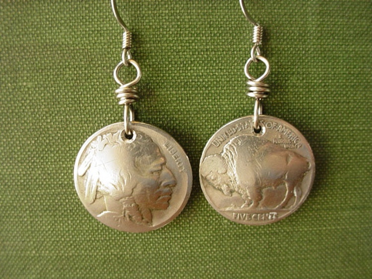 Indian Head Nickel Buffalo Nickel Earrings by TwistofNatureJewelry