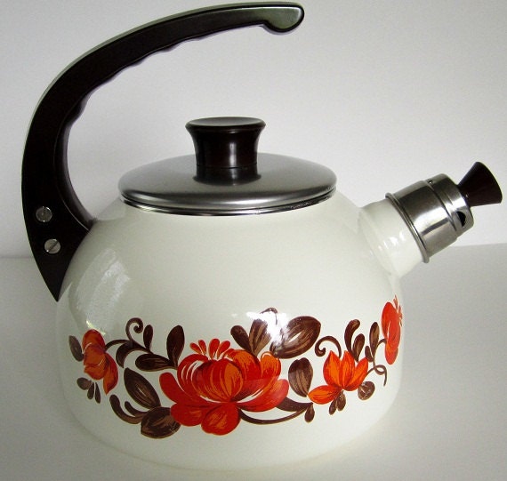 Antique White Enamel Whistling Kettle 1 1/2 Qt. Orange Floral