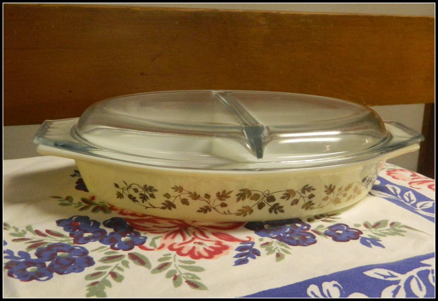 Vintage Gold Acorn Pyrex Divided Casserole with Lid 1960 Haute Juice