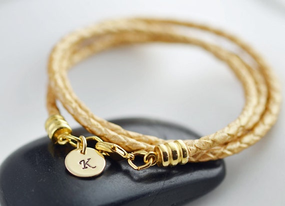 Items similar to Personalized gold leather cord wrap bracelet with 14k