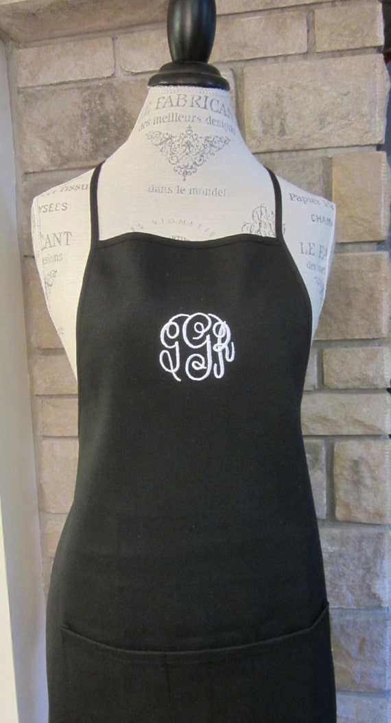 Embroidered Monogram Apron Personalized Black Cotton Canvas