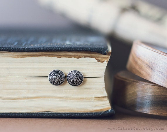 Tiny vintage stud earrings, Tiny ear post , Metal studs, Antique silver earrings, Retro jewelry, Black earrings, Art Nouveau jewelry, earrings, studs, stud earrings, metal studs, metal earrings, CitrusCat, jewelry