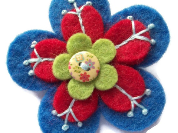 Blue Wool Felt Flower Brooch   Embroidered  by moodycowdesigns