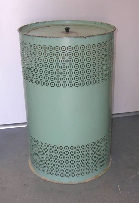 Vintage Jadite Green Metal Laundry Hamper