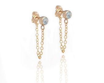 Stone and Chain Earrings - Swiss Blue Topaz - 14k Gold Filled - Dangling Earrings - Stud and Chain
