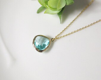Aquamarine necklace, stone in bezel, sky blue, wedding, B0060-G, gold plating