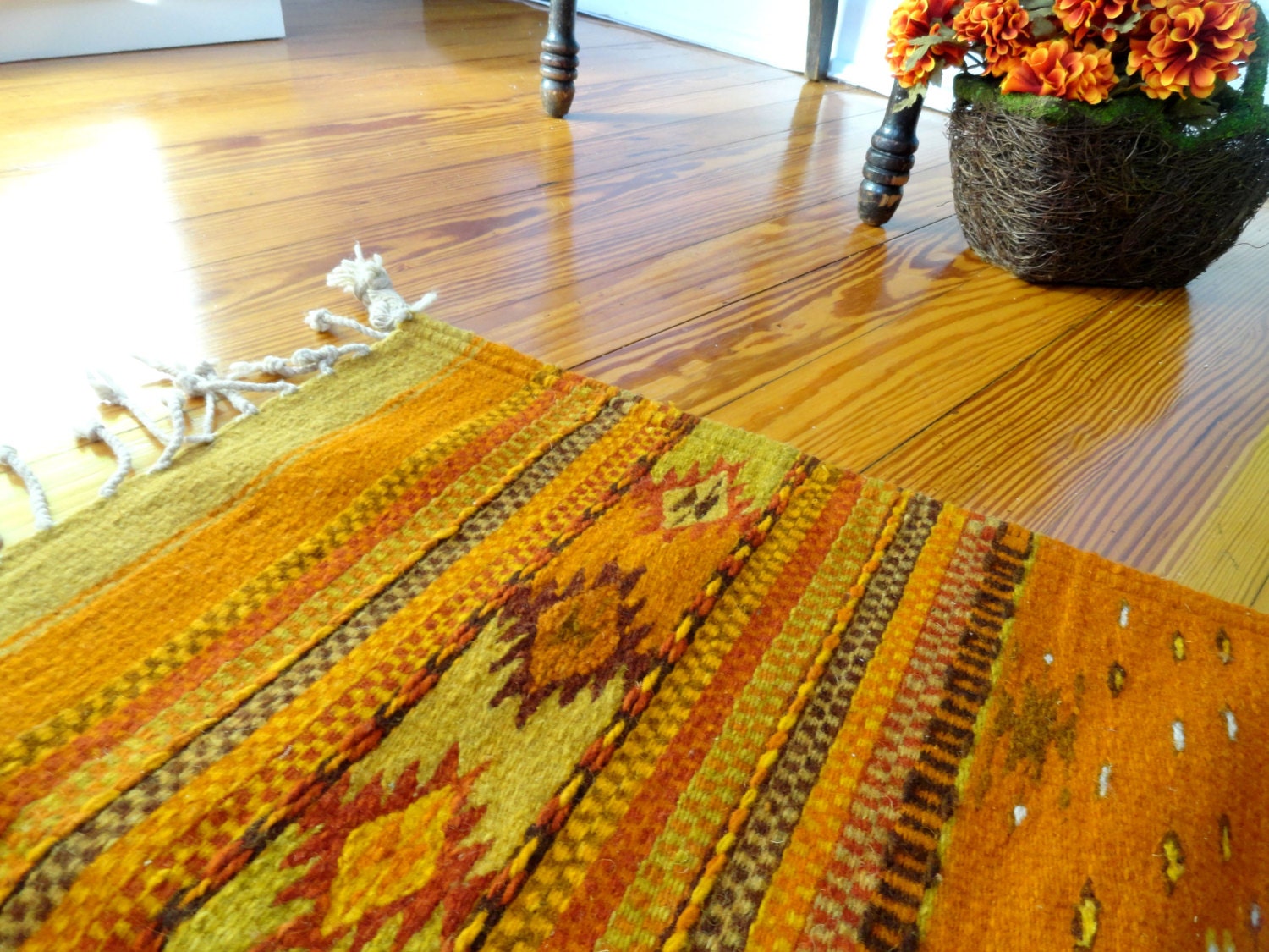 Fancy Orange Zapotec / Oaxacan Area Rug Mitla Ruins