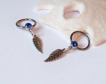 Nipple Piercing Rings - Choose 1 or Set of 2 - Nipple Jewelry Body Piercing - Silver Leaf Charm on Jeweled Captive Ring - Choose Your Color