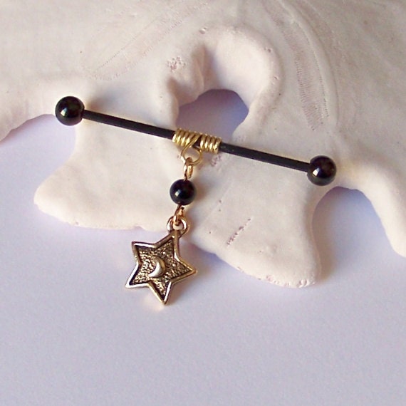 Industrial Barbell Brass Wire Wrap With Black Onyx and Gold