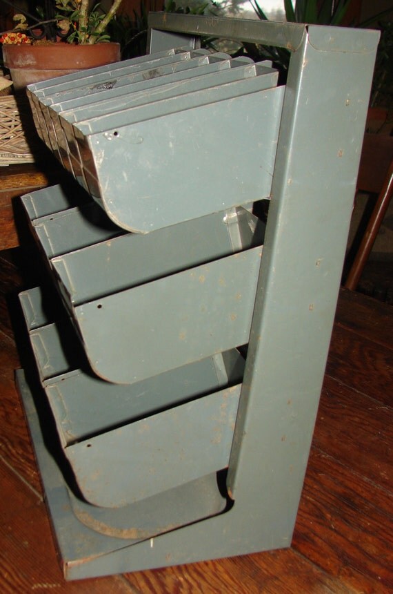 vintage industrial parts bin display