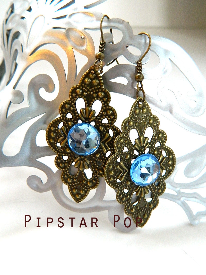 Topaz Blue Gem Bronze earrings in pink, green, amber, and blue  (1 pair) Acrylic bead Neo Victorian Steampunk themed Jewelry