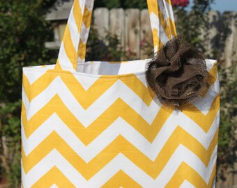 SMALL yellow and white CHEVRON stripe zigzag Handbag/ Diaper Bag/ Purse/ Tote/ Beach Bag with Removable Flower