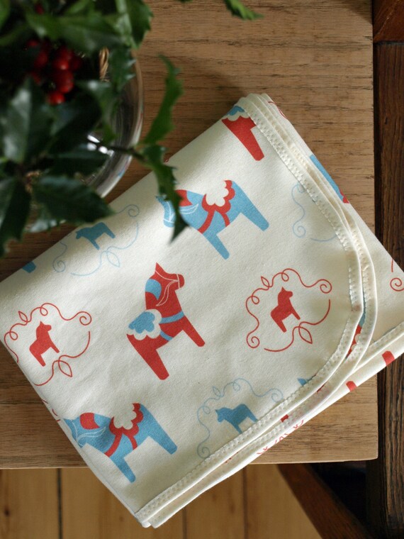 Organic Jersey Baby Blanket with Red and Blue Dala Horse
