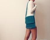 Crocheted messenger shoulder bag in teal green. Handmade crochet iPad bag.