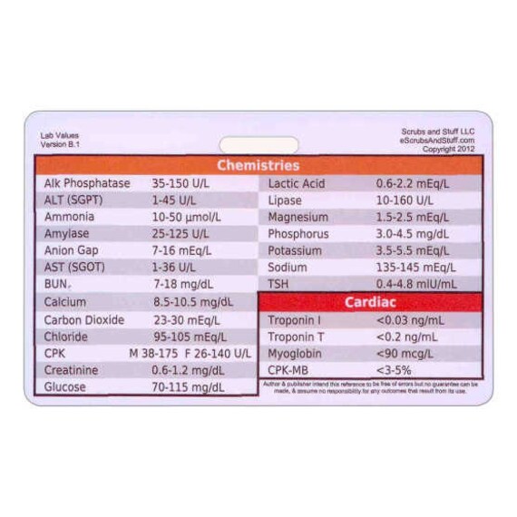 Laboratory Values Badge Card Reference by scrubsandstuff on Etsy