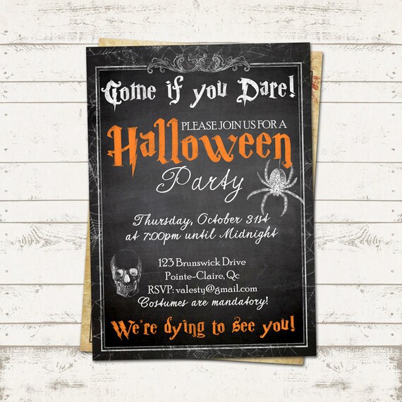 Halloween Party Invitation - Creepy, Vintage, Chalkboard, Skeleton, Spider - Custom, Digital, Printable Designs Il_570xn