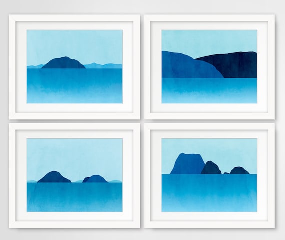 Set of 4 Beach Decor Art Prints, Blue Seascape Wall Art, Minimalist Posters, Abstract Ocean Landscape