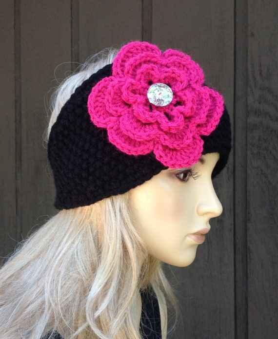 Crochet Flower Head Wrap Headband Earwarmer Knit Black with