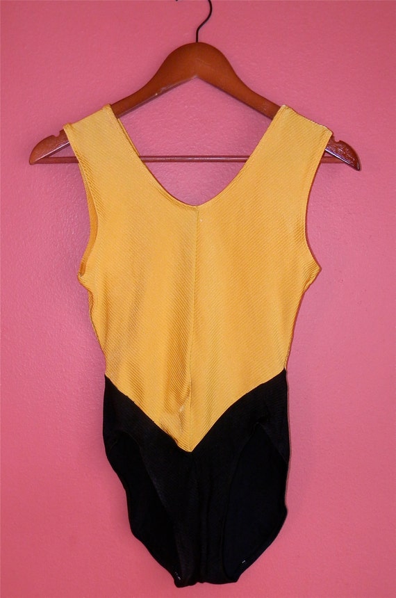 Vintage Leotard Bodysuit 80s High Cut Yellow Black