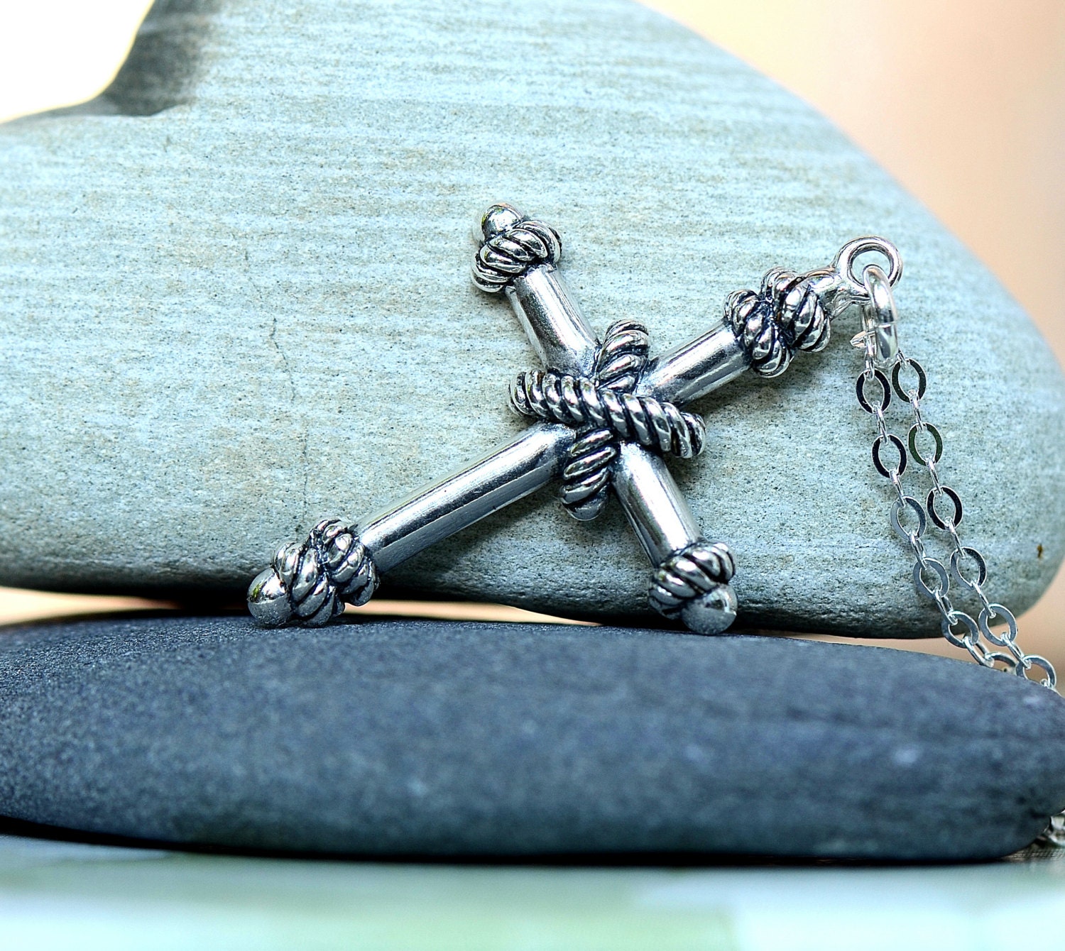 All Sterling Wrapped Rope Cross Necklace Unisex Sterling