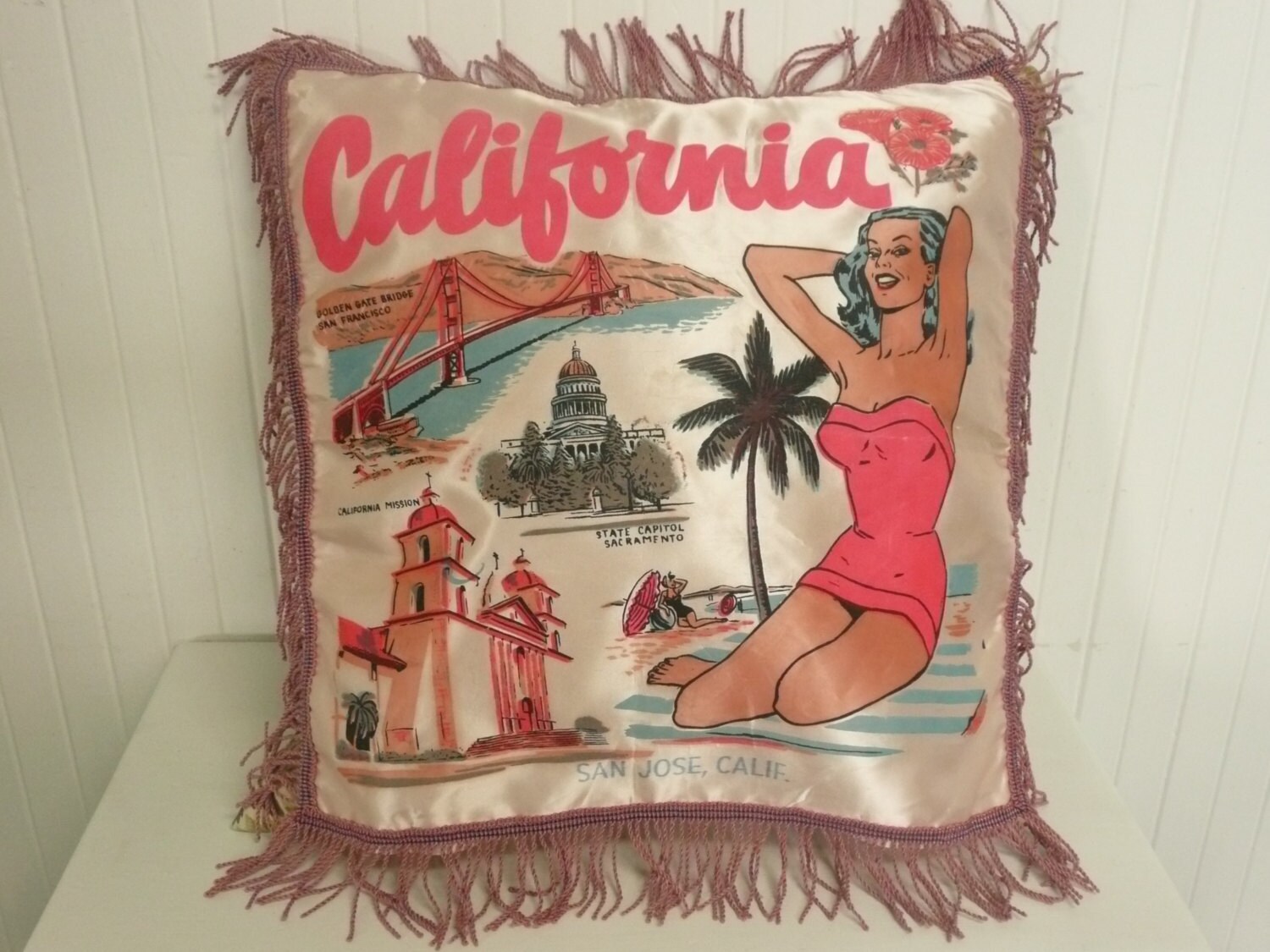NOS NICE Vintage Satin Souvenir Pillow Cover Bathing Beauty