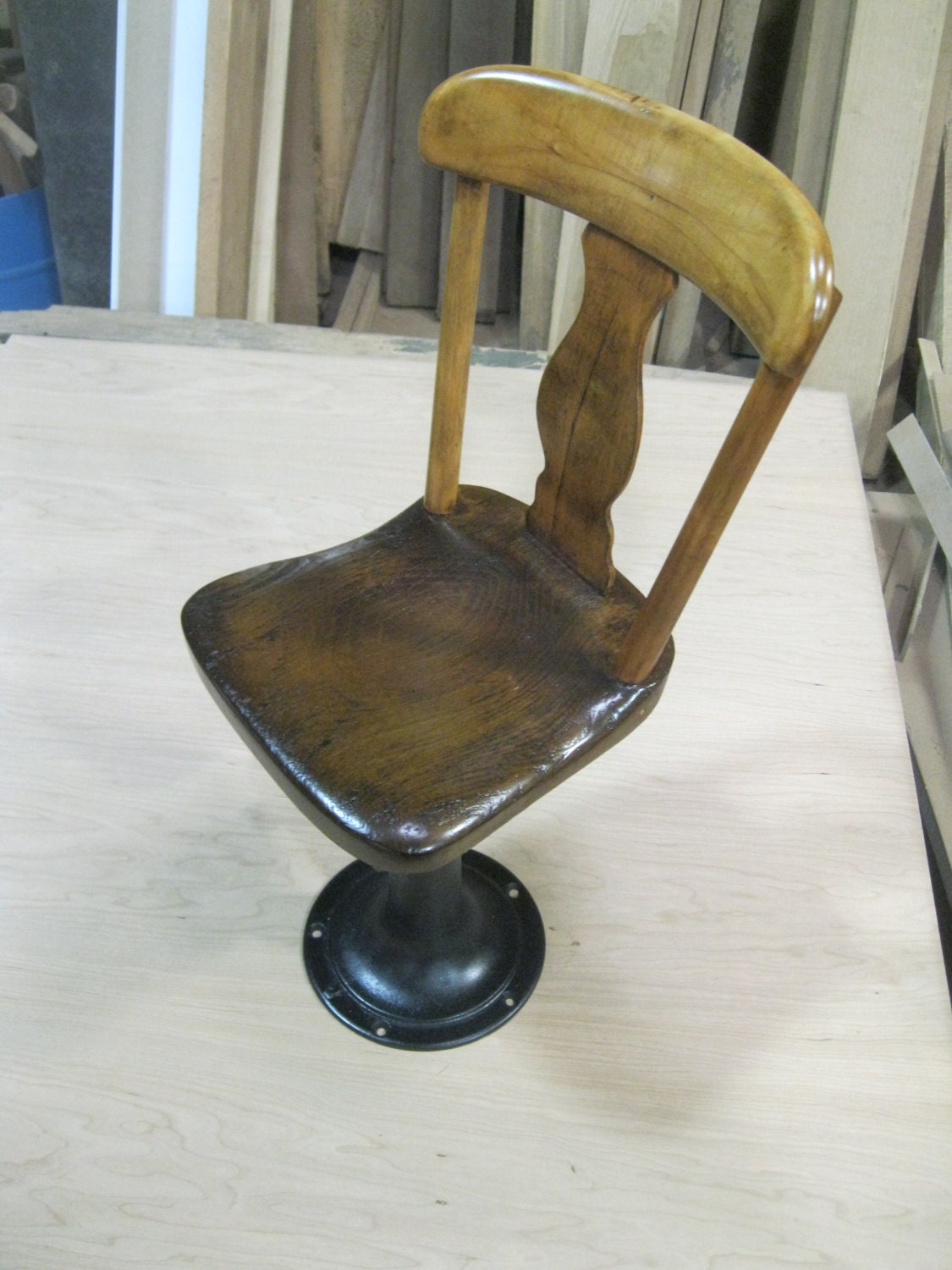 Rare Tiny Adjustable Antique Wooden Chair with Metal Pedestal Base