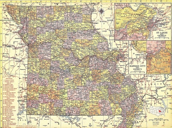 Missouri 1950's Large Map Print Wall Decor Atlas Art