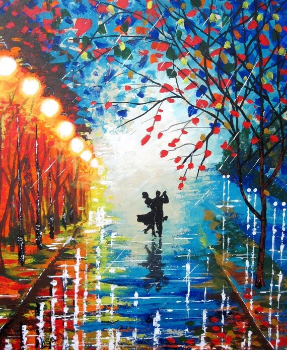Original Abstract Painting - Let it rain - Acrylic Contemporary Art - Dancing Couple - Night Rain Painting