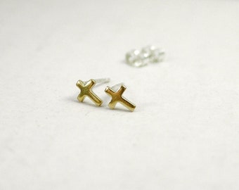 Tiny gold cross stud earrings - sterling silver posts - simple minimalist