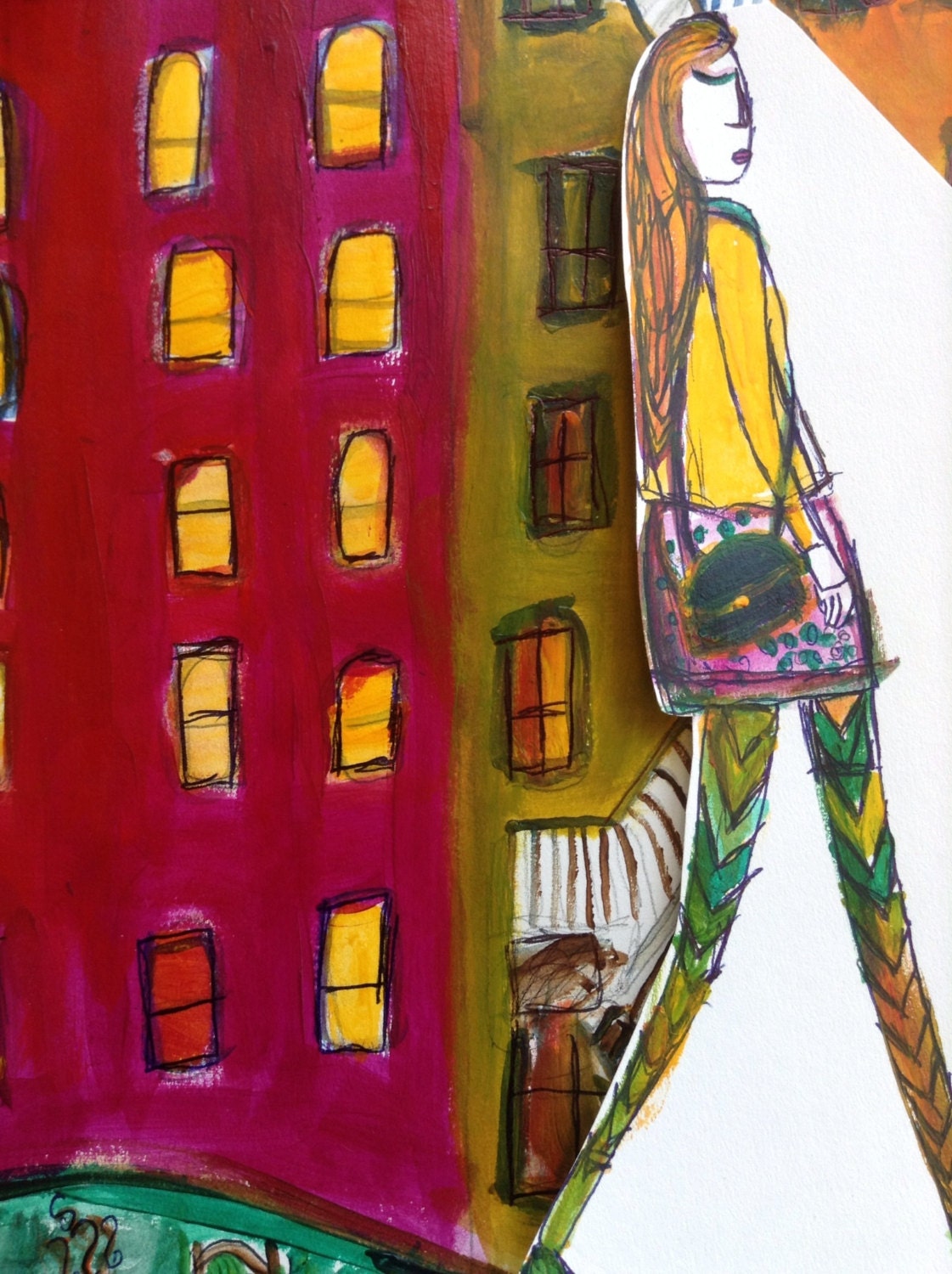Mixed media painting11x14 // buildings cafe art apartment