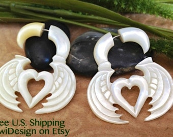 Fake Gauge Earrings, "Wings & Hearts" Mother Of Pearl, Hand Carved, Naturally Organic, Tribal