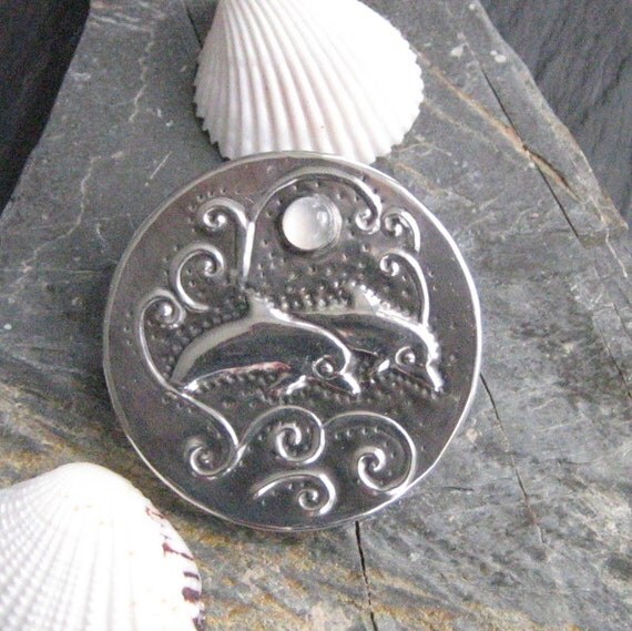 Dolphin Moonstone Brooch in Silver Pewter by coatiMonday on Etsy