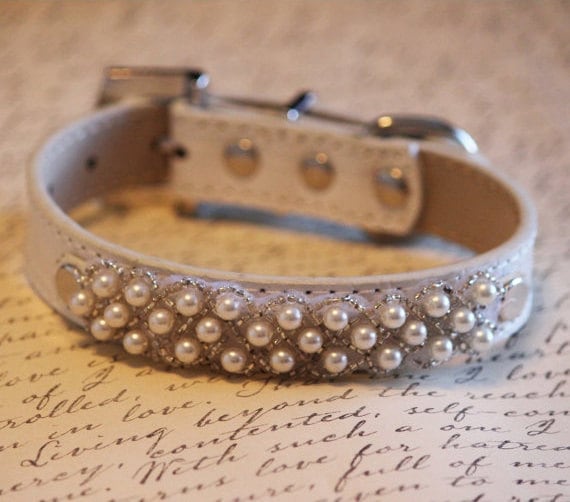 Pearl beaded dog Collar Leather dog collar with Pearls, Handmade Dog