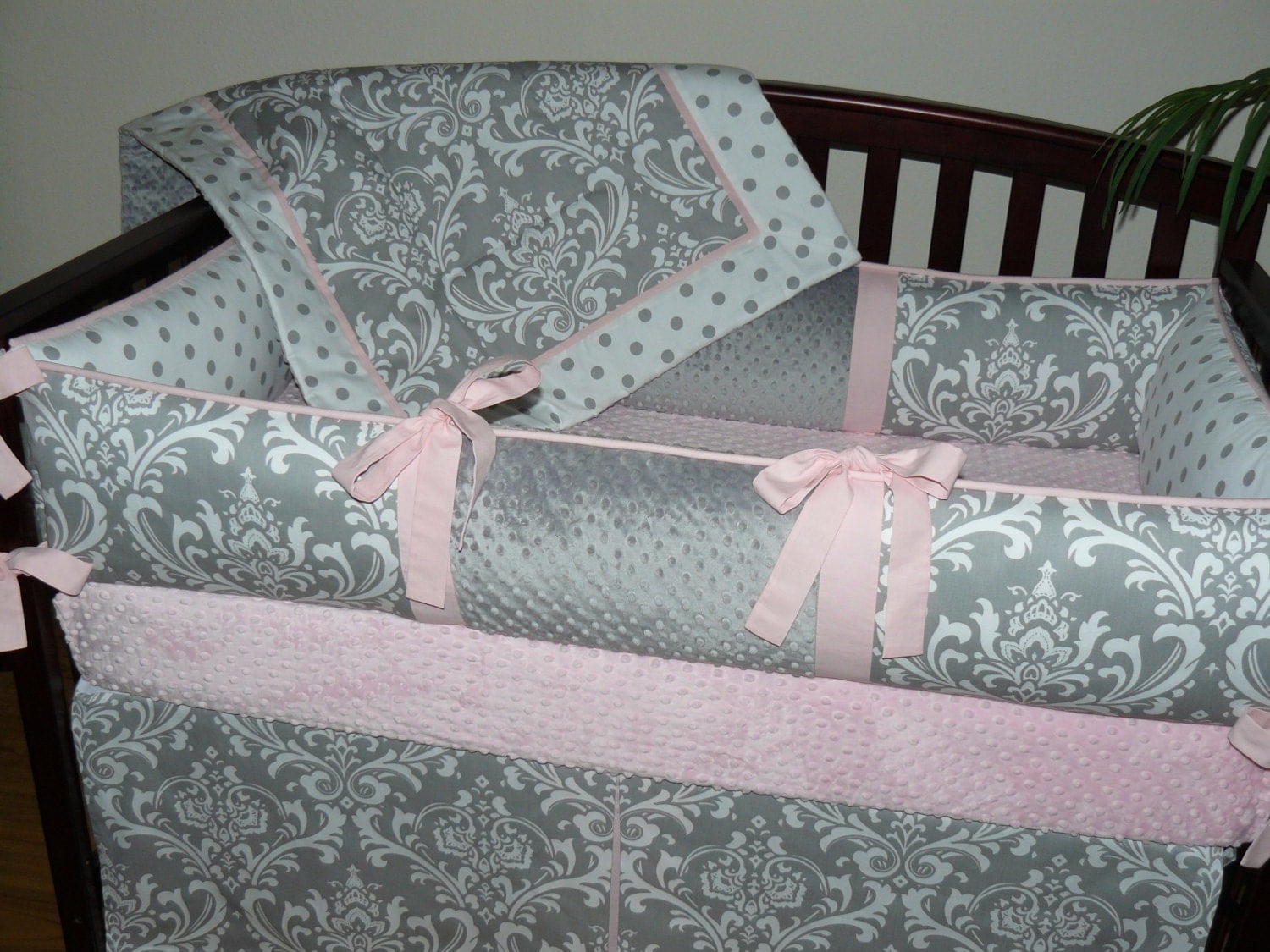 Girl Crib Bedding set Light Baby Pink Bedding Gray Damask
