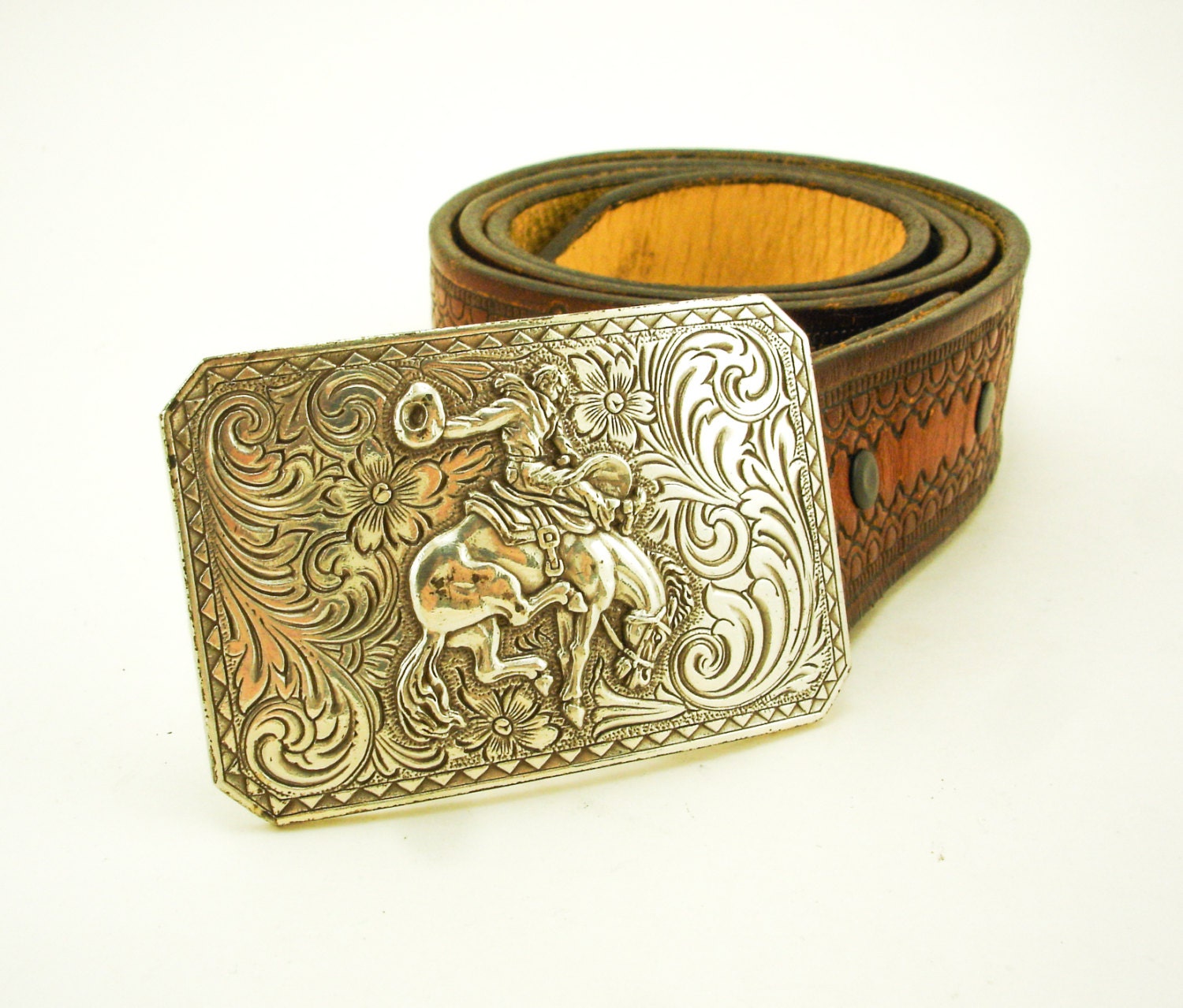 1970s Cowboy Belt Buckle Silver Tone Mens Vintage Belt Buckle