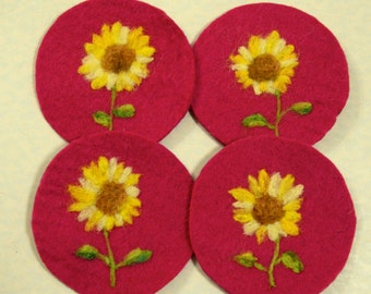Gift Idea: A Set of 4 Needle Felted Coasters (SunFlower)
