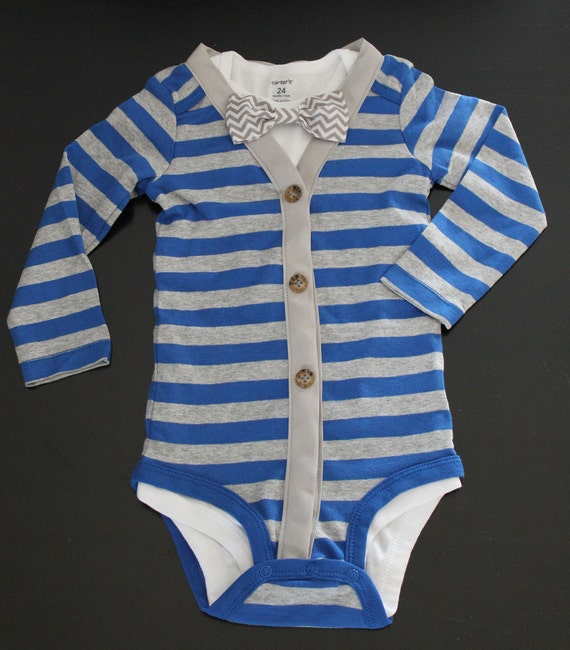 Little Boys Cardigan & Bow tie Bodysuit  Set- Gray and Blue Stripes with Gray Chevron Tie