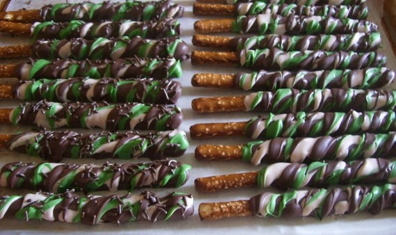 Camo Pretzel Rods Chocolate Covered Pretzel Rods Camo Theme or Zebra Stripe Milk Chocolate 1 dozen