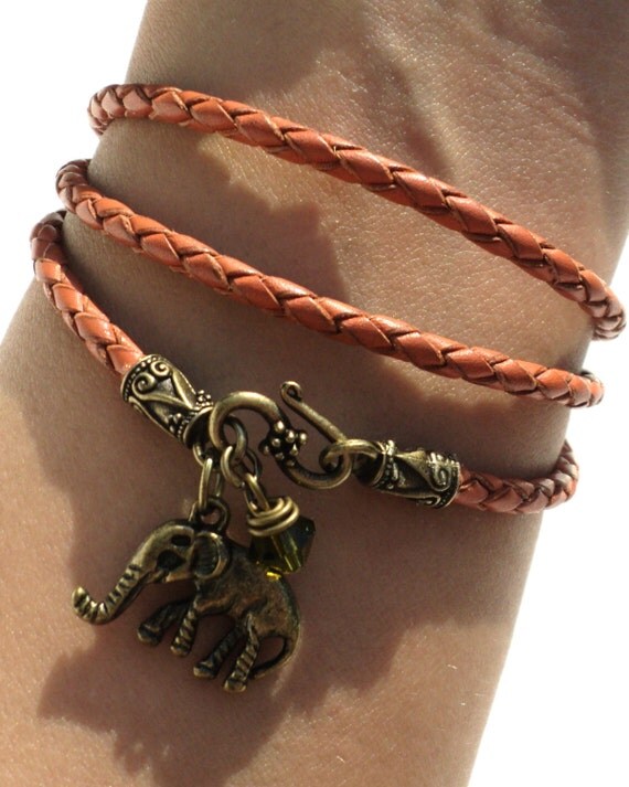 Sacred Elephant Leather Wrap Bracelet Orange Fall Autumn