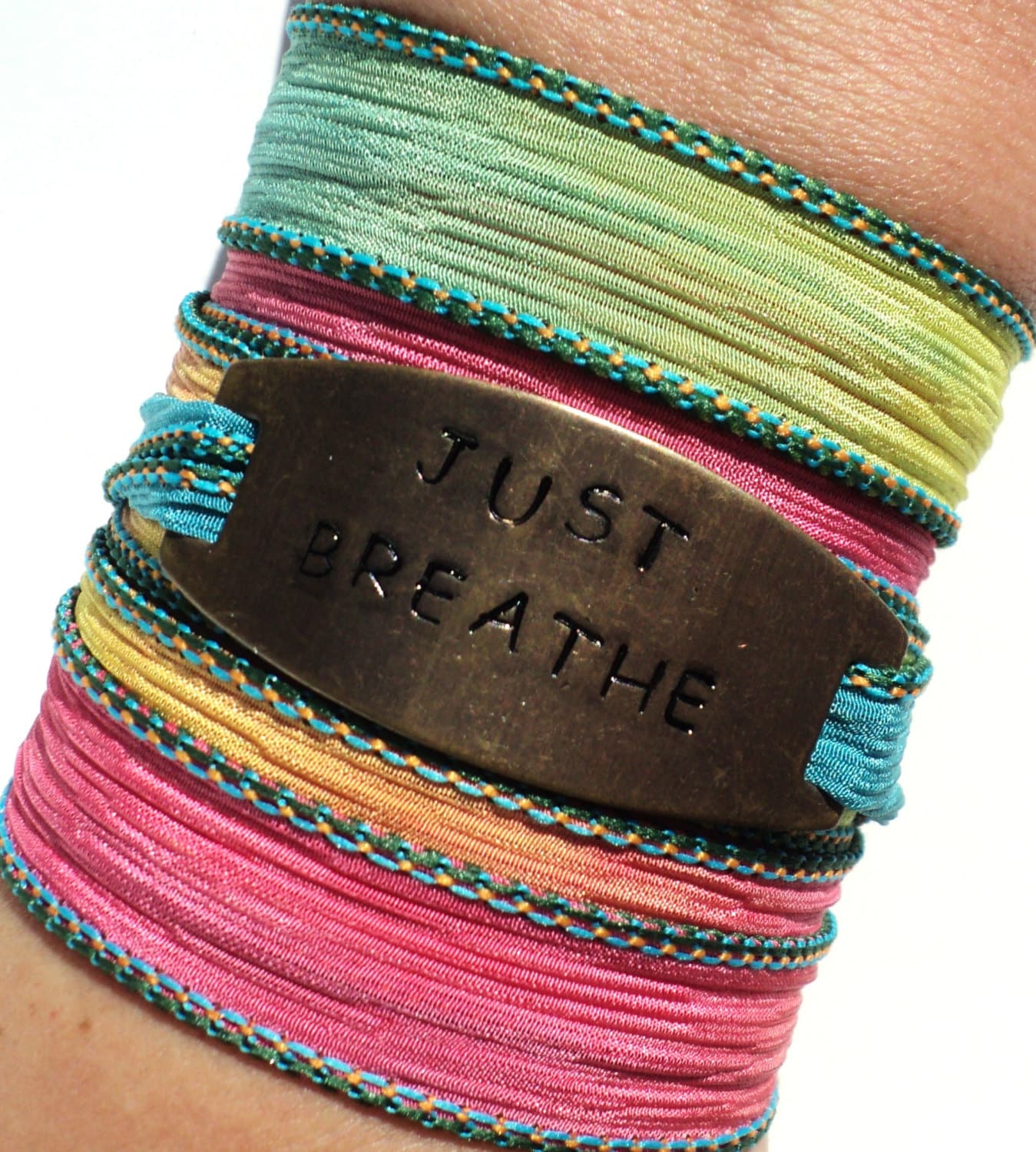 Silk Wrap Bracelet Just Breathe Yoga Jewelry Colorful Bohemian